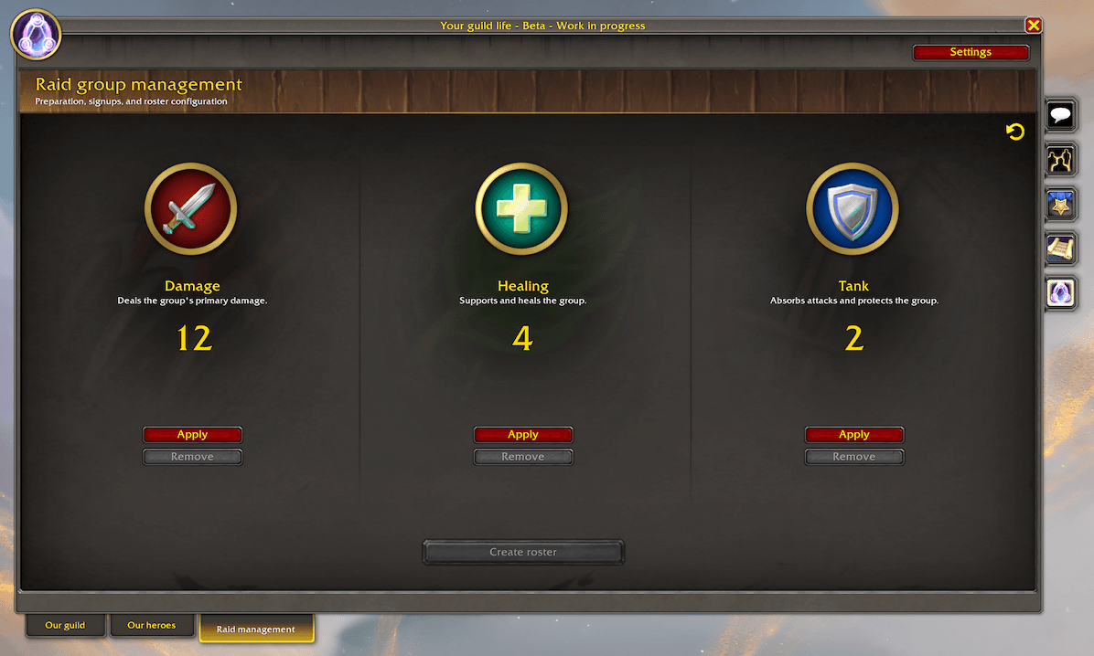 Build your raid roster and assign group roles.