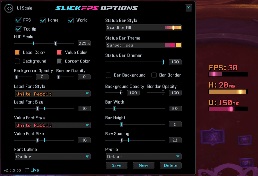 An example of the Scanline Fill style, Sunset Hues theme and White Rabbit font with no frame. (Hud Scale maxed for good screenshot visibility)