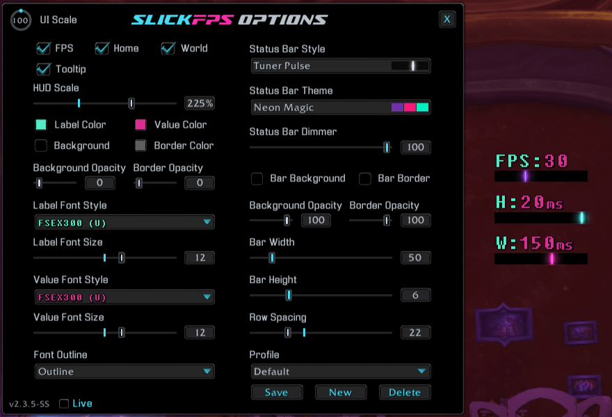 An example of the Tuner Pulse style, Neon Magic theme and FSEX300 (U) font with no frame. (Hud Scale maxed for good screenshot visibility)