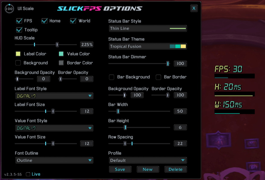 An example of the Thin Line style, Tropical Fusion theme and Digital-7 font with no frame. (Hud Scale maxed for good screenshot visibility)