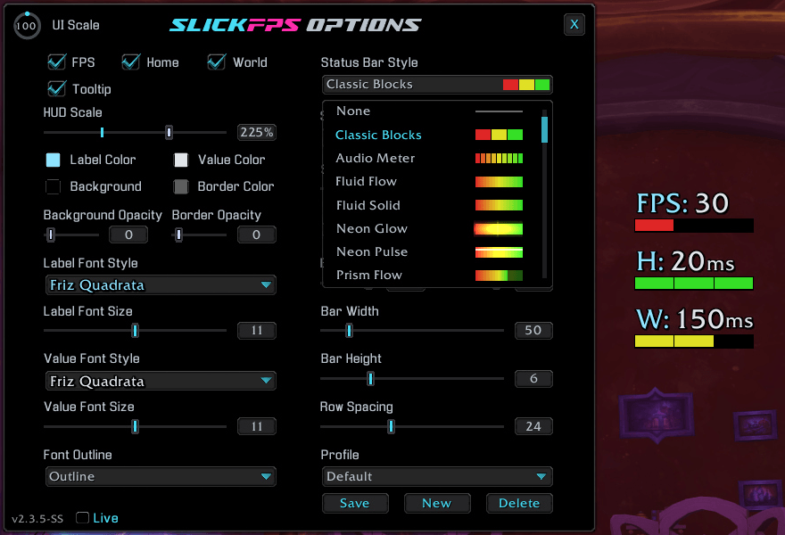 An example of the style menu. Default theme "Classic Blocks" and the default font. (Hud Scale maxed for good screenshot visibility)