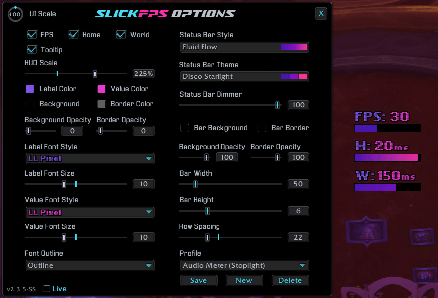 An example of the Fluid Flow style, Disco Starlight theme and LL Pixel font with no frame. (Hud Scale maxed for good screenshot visibility)