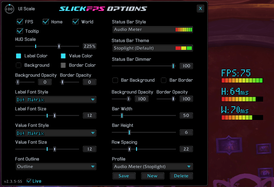 An example of a custom theme called "Audio Meter" with good FPS and Latency. (Hud Scale maxed for good screenshot visibility)