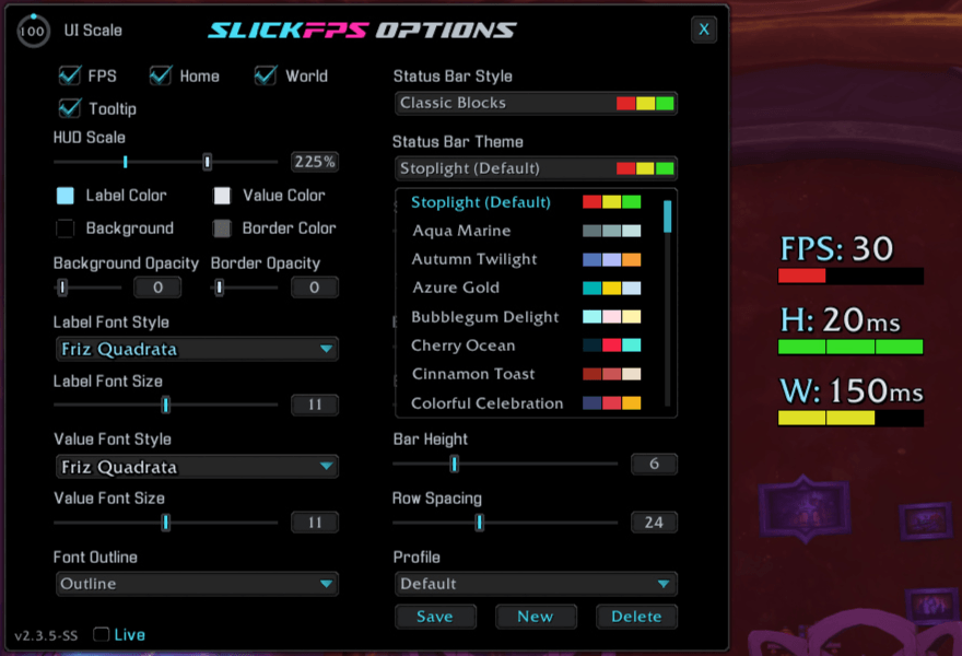 An example of the theme menu and default theme "Classic Blocks" and default font. (Hud Scale Maxed for good screenshot visibility)