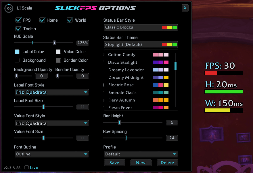 An example of the theme menu. Default style "Classic Blocks" and the default font. (Hud Scale Maxed for good screenshot visibility)