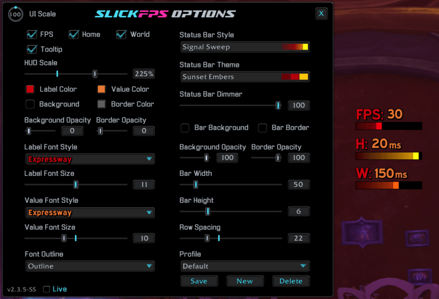 An example of the Signal Sweep style, Sunset Embers theme and Expressway font with no frame. (Hud Scale maxed for good screenshot visibility)