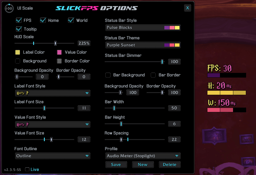 An example of the Pulse Blocks style, Purple Sunset theme and Harry P font with no frame. (Hud Scale maxed for good screenshot visibility)