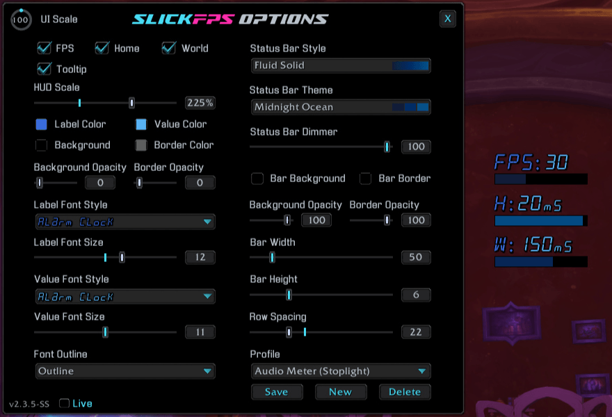 An example of the Fluid Solid style, Midnight Ocean theme and Alaram Clock font with no frame. (Hud Scale maxed for good screenshot visibility)