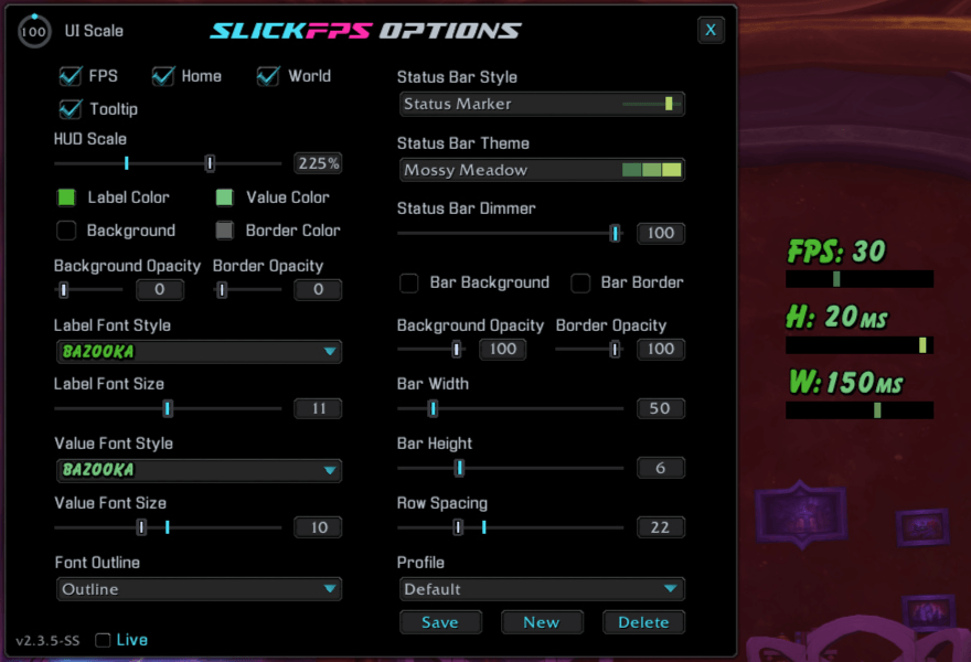 An example of the Status Marker style, Mossy Meadow theme and Bazooka font with no frame. (Hud Scale maxed for good screenshot visibility)