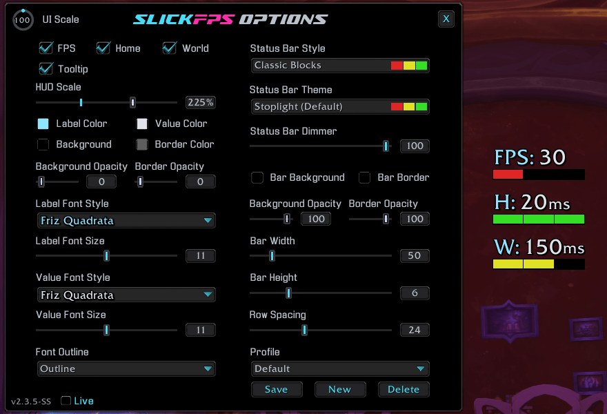 Default Frame with no background + Options Window with an Example of how the Bars change color based on Low FPS, Great Home Latency and Medium World Latency. (Hud Scale maxed for good screenshot visibility)