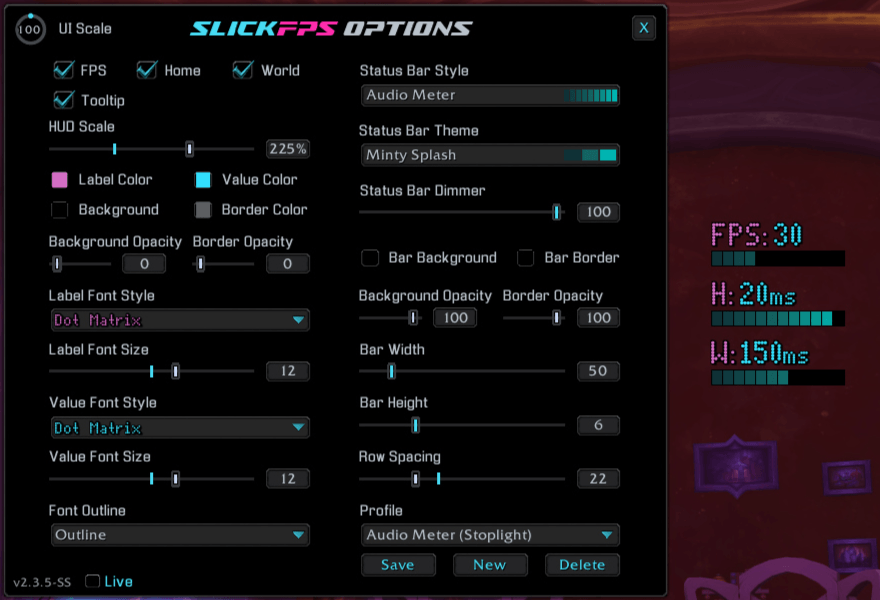 An example of the Audio Meter style, Minty Splash theme and Dot Matrix font with no frame. (Hud Scale maxed for good screenshot visibility)