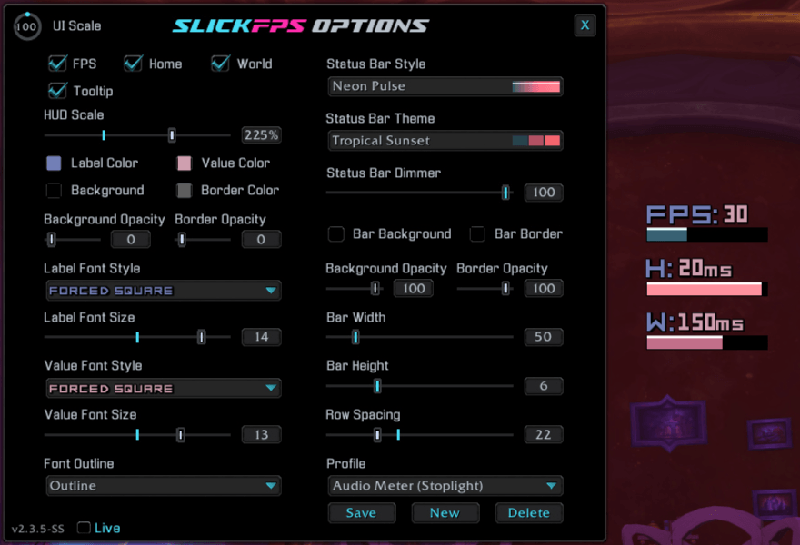 An example of the Neon Pulse style, Tropical Sunset theme and Forced Square font with no frame. (Hud Scale maxed for good screenshot visibility)