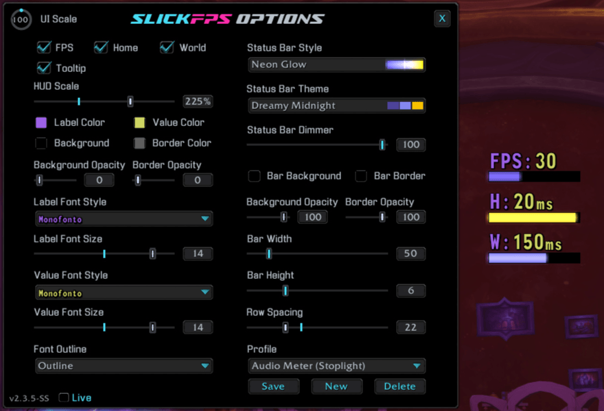 An example of the Neon Glow style, Dreamy Midnight theme and MonoFonto font with no frame. (Hud Scale maxed for good screenshot visibility)