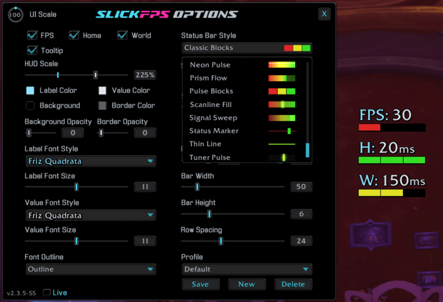 An additional example of the style menu. Default theme "Classic Blocks" and the default font. (Hud Scale maxed for good screenshot visibility)