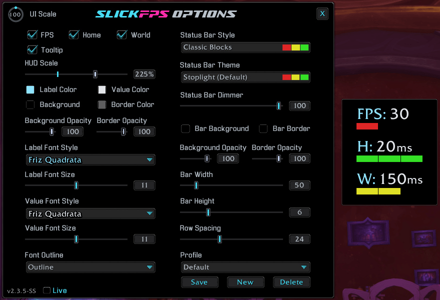 Default Frame and Options Window with an Example of how the Bars change color based on Low FPS, Great Home Latency and Medium World Latency. (Hud Scale maxed for good screenshot visibility)