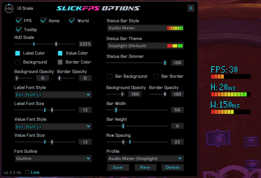An example of a custom theme called "Audio Meter" with low FPS, great Home latency and medium World latency. (Hud Scale maxed for good screenshot visibility)
