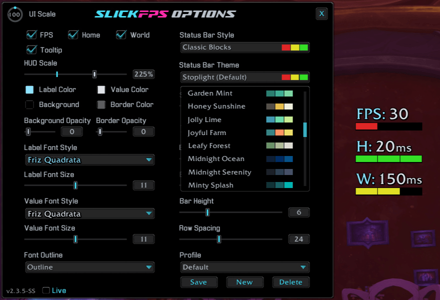 Another example of the theme menu. Default theme "Classic Blocks" and the default font. (Hud Scale maxed for good screenshot visibility)