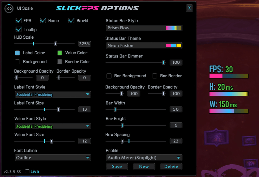 An example of the Prism Flow Bars style, Neon Fusion theme and Accidental Presidency font with no frame. (Hud Scale maxed for good screenshot visibility)