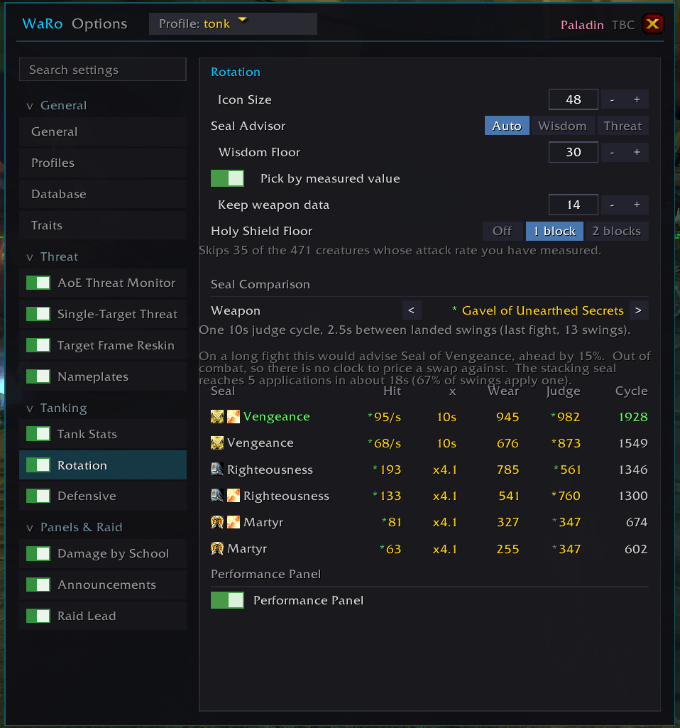 Paladin Rotation options featuring per weapon seal calculations based on a 10 second cycle with weapon speed and judgement