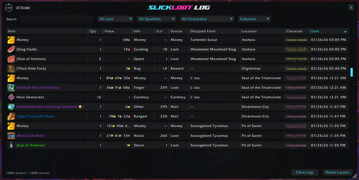 An example of the Loot Log window with items sorted by Date.