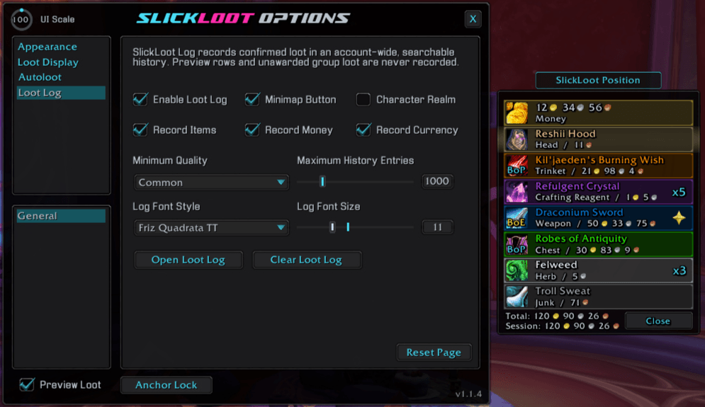 An example of the Loot Log options page and the Preview Loot Frame and Anchor.
