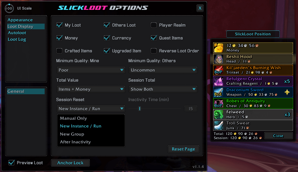An example of the Session Reset options dropdown and the Preview Loot Frame and Anchor.