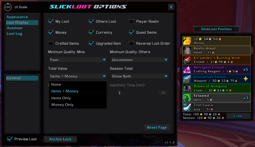 An example of the Total Value options dropdown and the Preview Loot Frame and Anchor.
