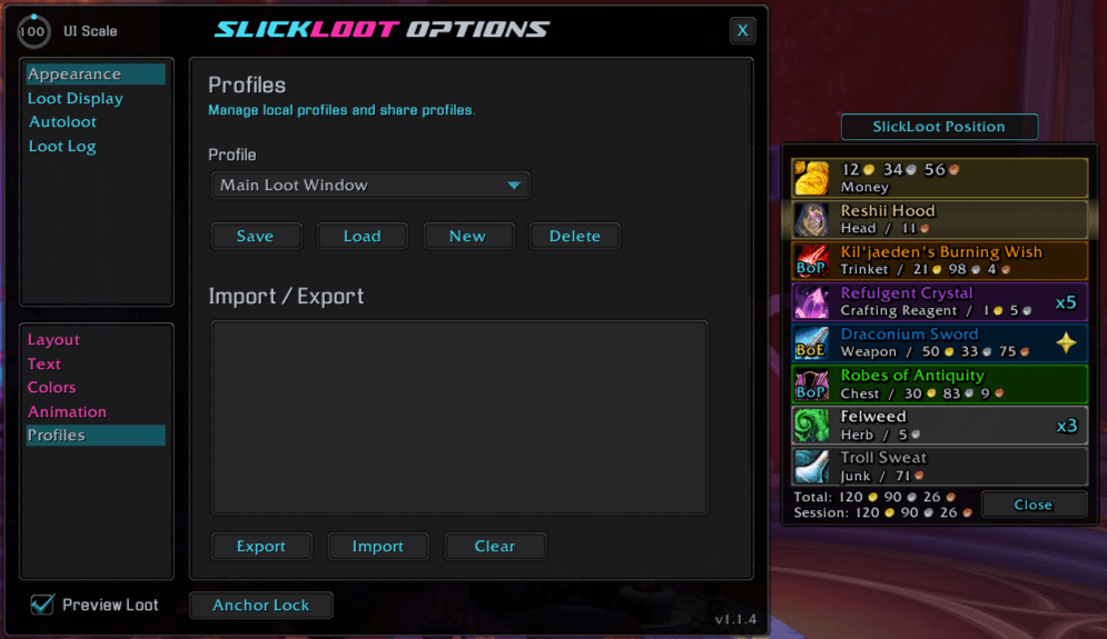 An example of the Profiles options page and the Preview Loot Frame and Anchor.