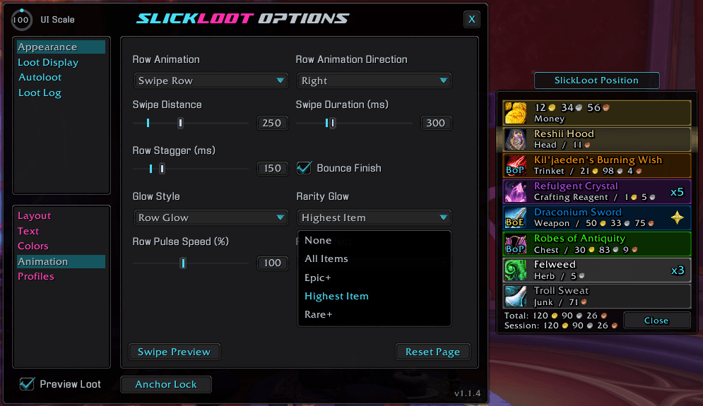 An example of the Rarity Glow options dropdown and the Preview Loot Frame and Anchor.