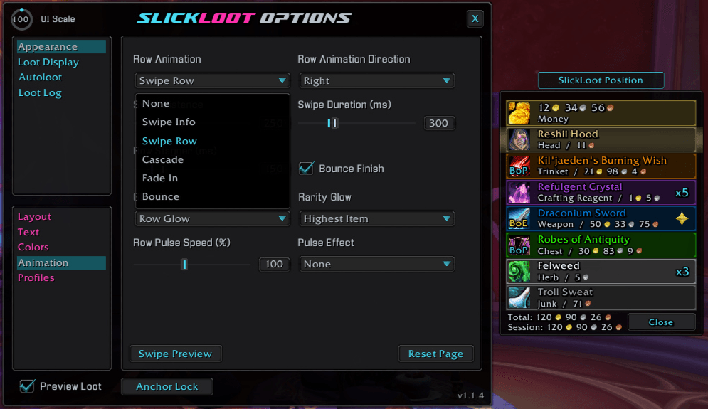 An example of the Row Animation options dropdown and the Preview Loot Frame and Anchor.