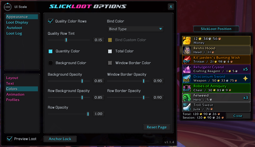 An example of the Colors options page and the Preview Loot Frame and Anchor.