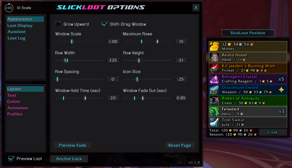 An example of the Layout options page and the Preview Loot Frame and Anchor.