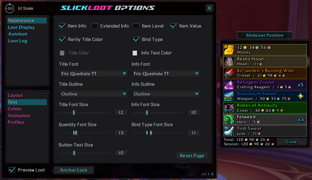 An example of the Text options page and the Preview Loot Frame and Anchor.