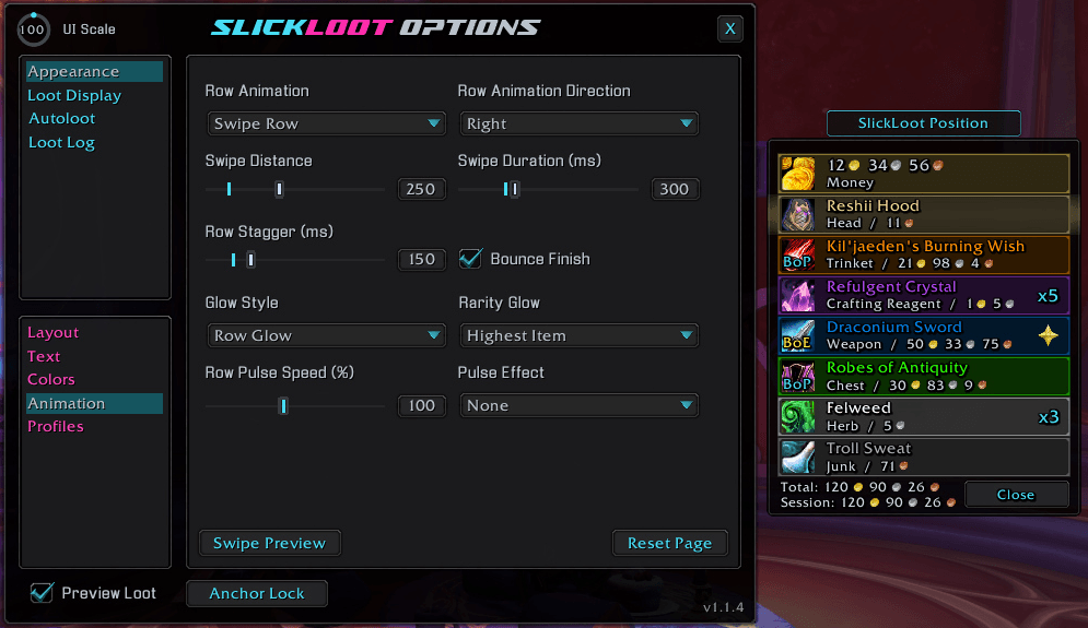 An example of the Animation options page and the Preview Loot Frame and Anchor.
