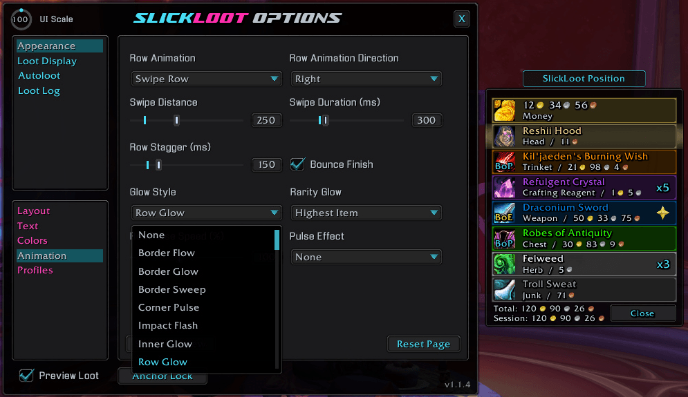 An example of the Glow Style options dropdown and the Preview Loot Frame and Anchor.