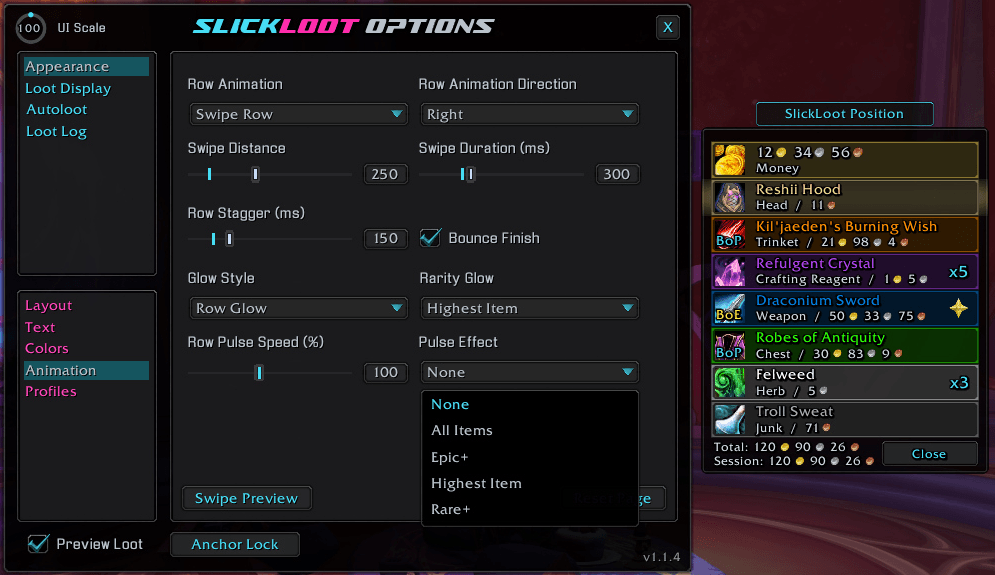 An example of the Pulse Effect options dropdown and the Preview Loot Frame and Anchor.