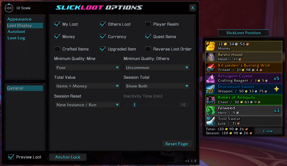 Loot An example of the Loot Display options page and the Preview Loot Frame and Anchor.