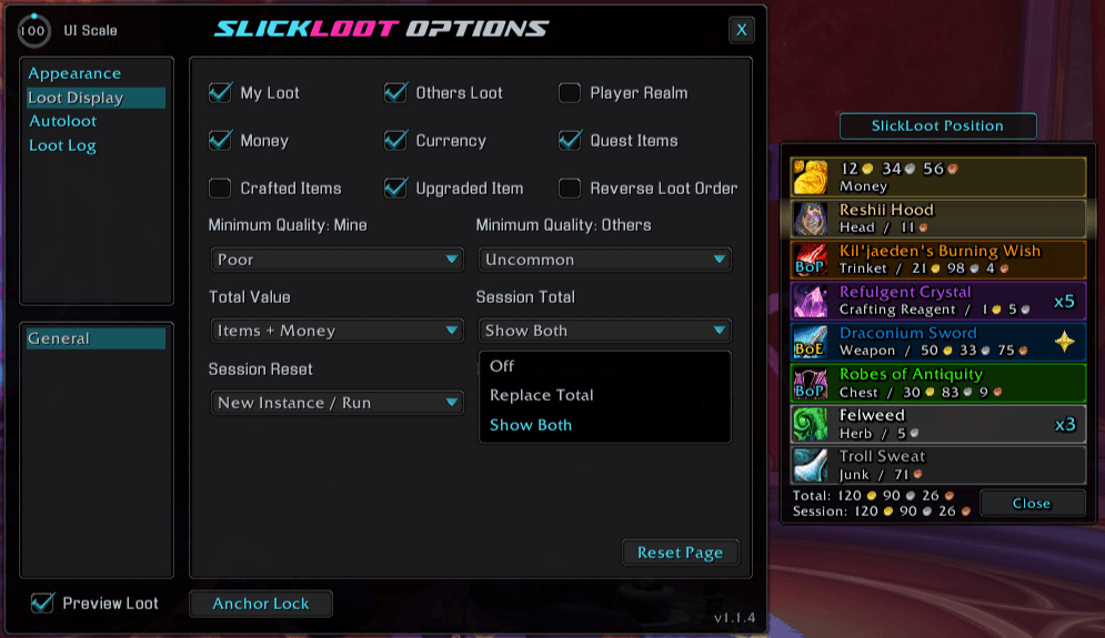 An example of the Session Totals options dropdown and the Preview Loot Frame and Anchor.