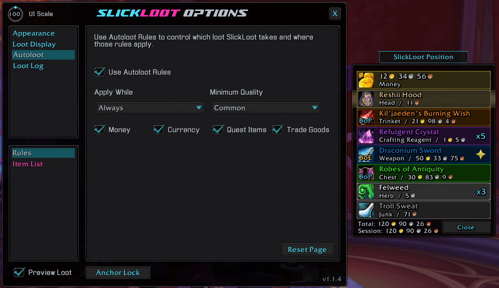 An example of the Auto Loot settings and the Preview Loot Frame and Anchor.