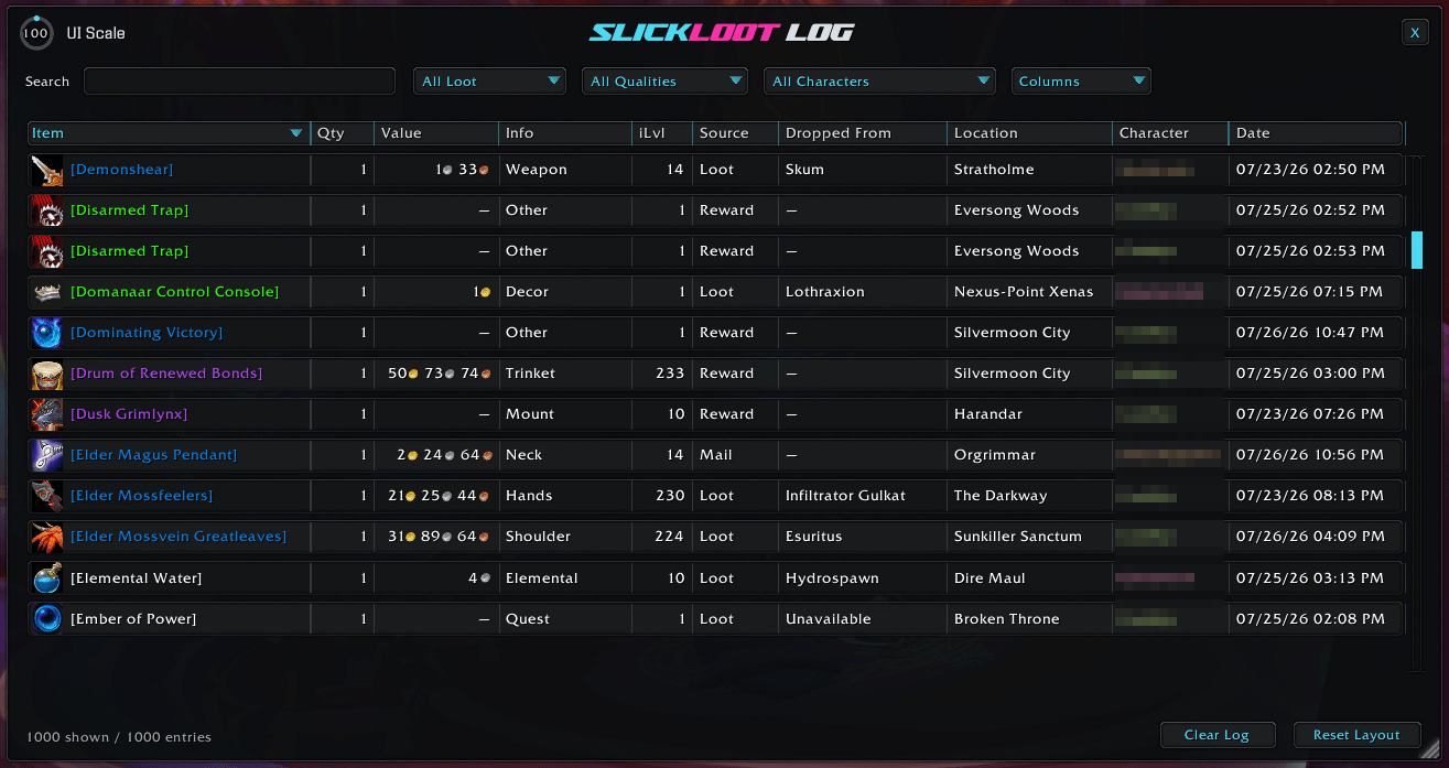 An example of the Loot Log window with items sorted by Name.