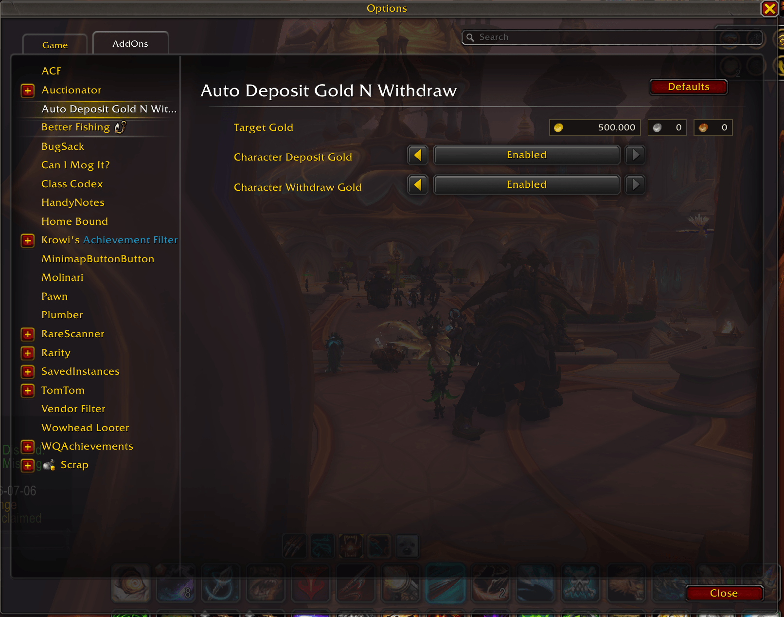 Auto Deposit Gold N Withdraw Setting Window