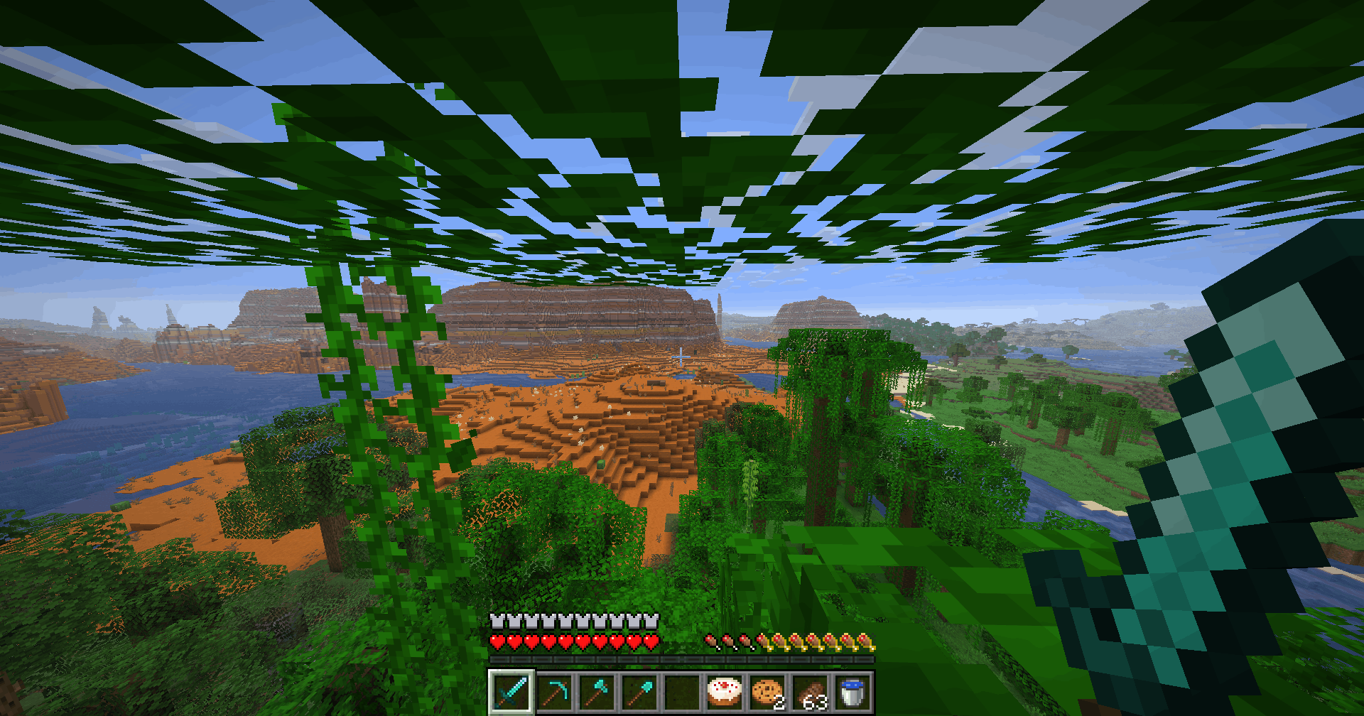 The perspective of the player in a jungle looking down from a tree
