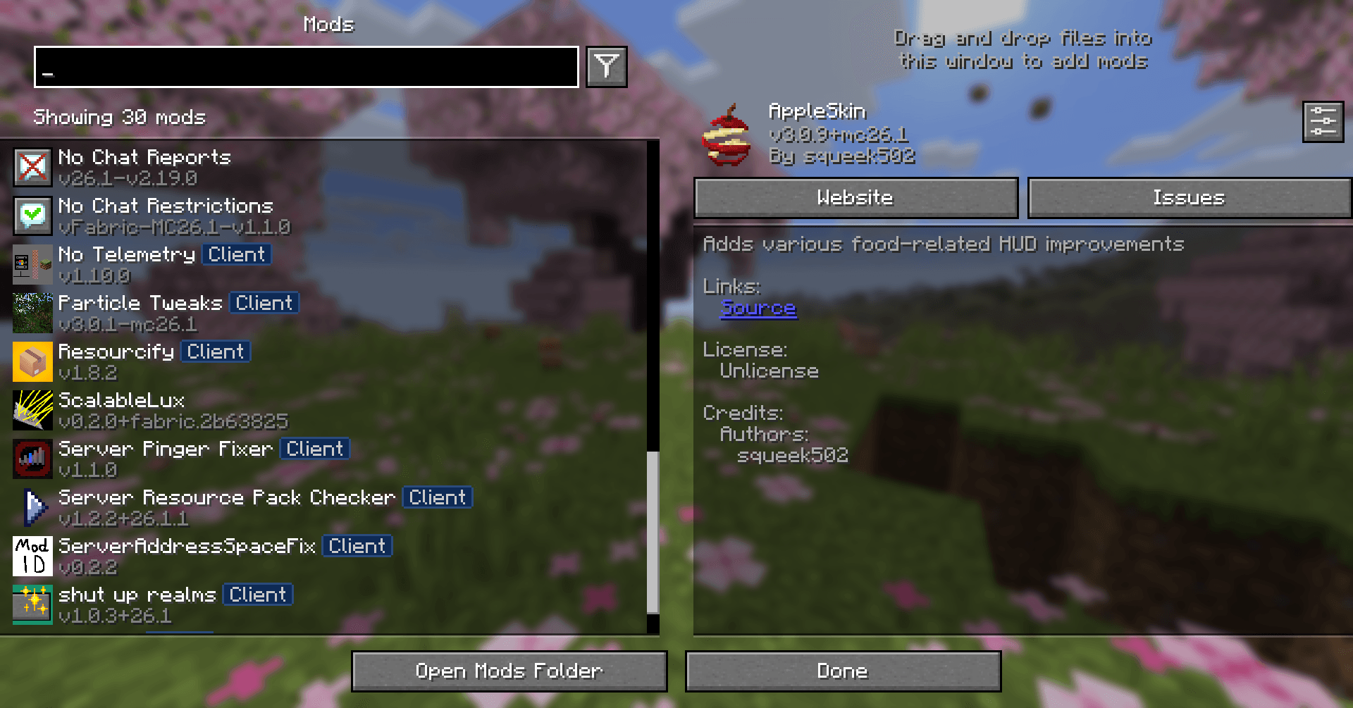 In-game modlist with settings buttons for all mods that support it