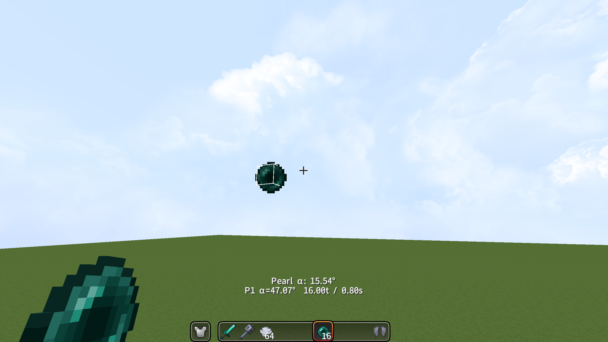 When the player is holding the pearl, the current player's pitch angle, the pitch angle in the direction of the pearl's initial velocity, and the time already in flight will be displayed, and the guide lines will be disabled.