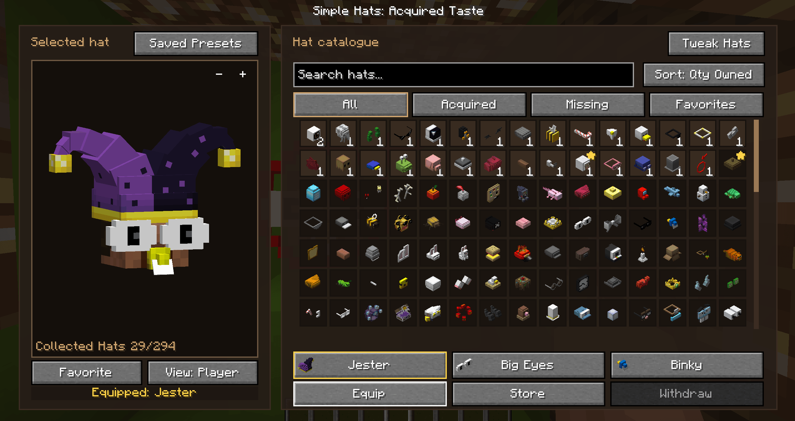 Can display the hats on your characters head by clicking on them in the catalogue (Simple Hats on Hats allows 3 hats to be worn and displayed in this menu, without Hats on Hats its only 1 hat)