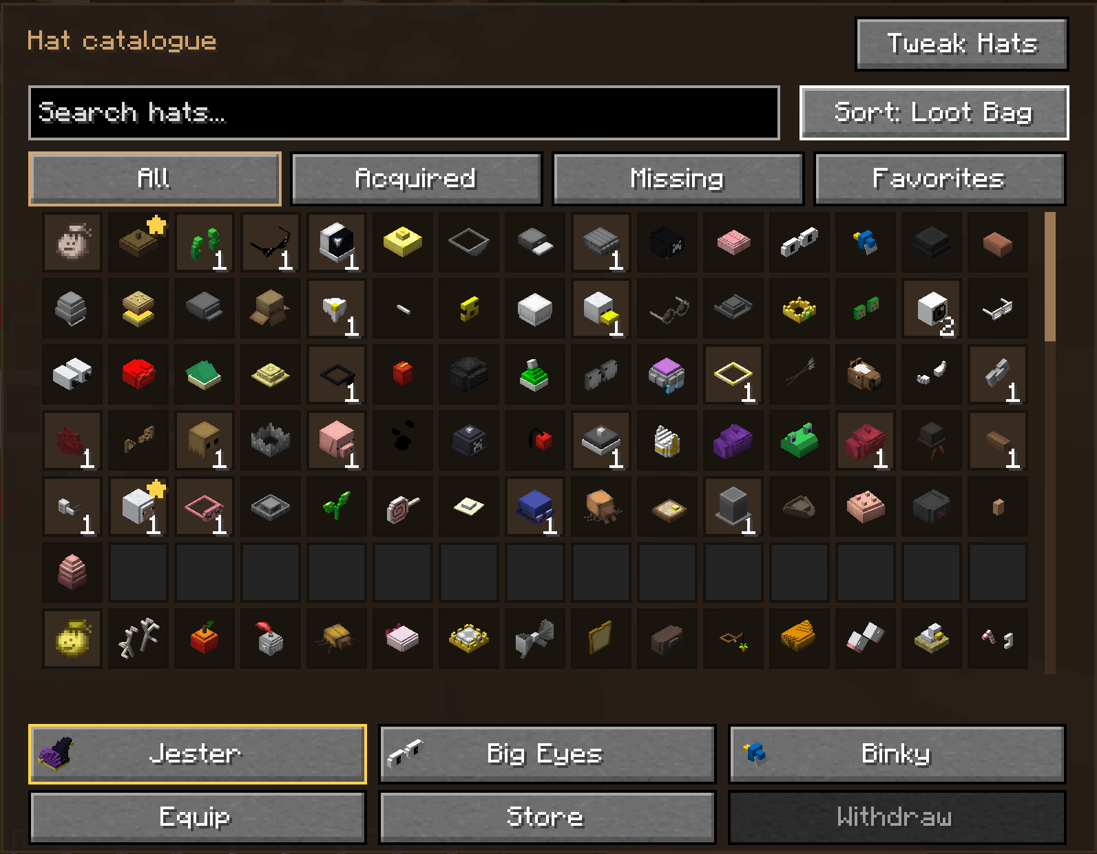 Hovering over the loot bags in this mode shows you how many of each hat you've collected in that bag specifically