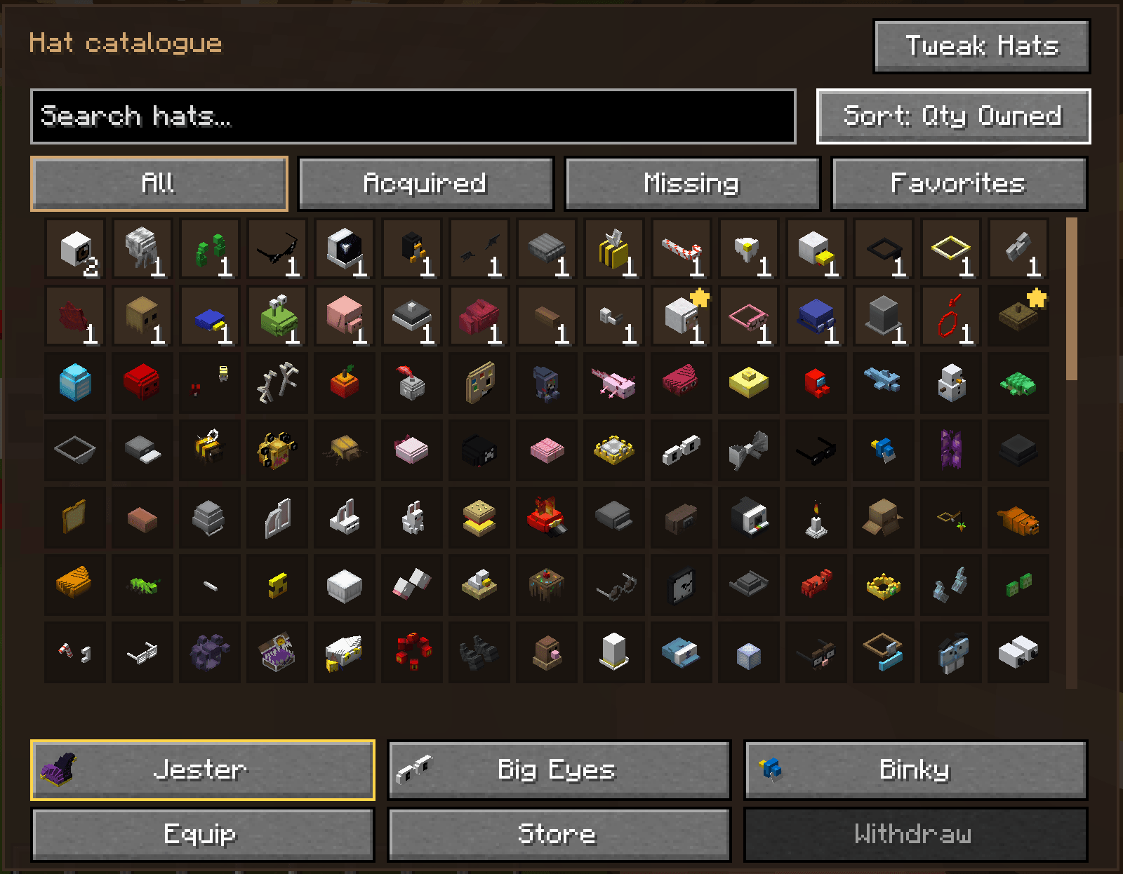 Thumbnail Orders your hats by how many of the hat you have, it is also alphabetical order based on qty, so A-Z for the hats you own 1 of, then it restarts A-Z for hats you don't own