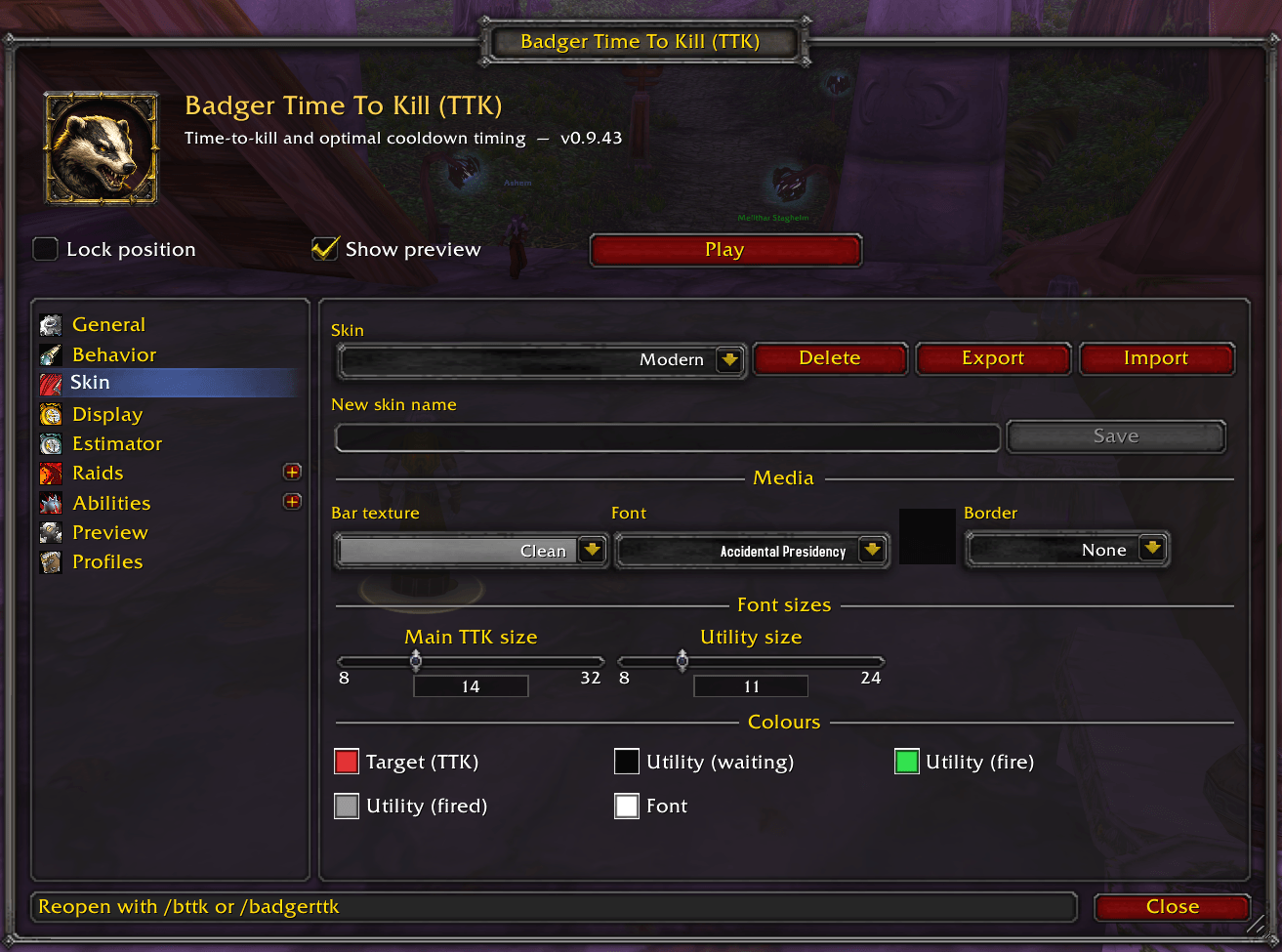 Showing the Skin settings options