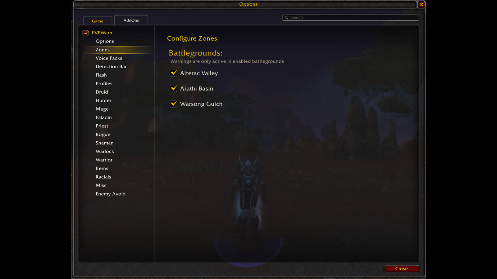 Turn PVPWarn on or off per battleground. Useful in zones like Alterac Valley, where the combat log generates far more events than you want to hear about.