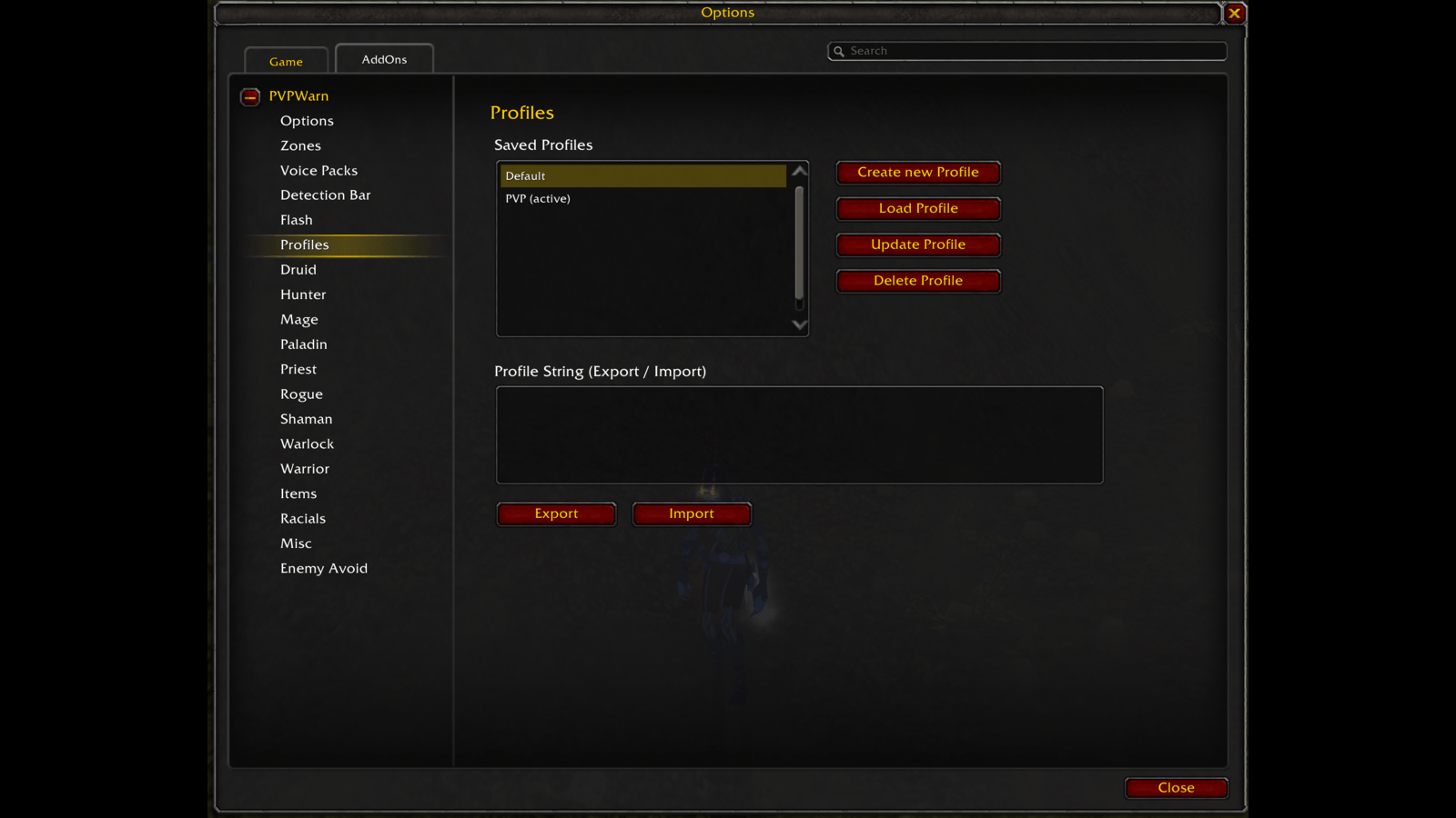 Save your spell selection as named profiles and switch between them, or share one with another character or player using the export/import string. A class default profile is loaded on first use.